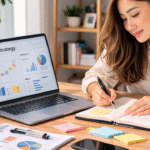 Woman working on content strategy notes.